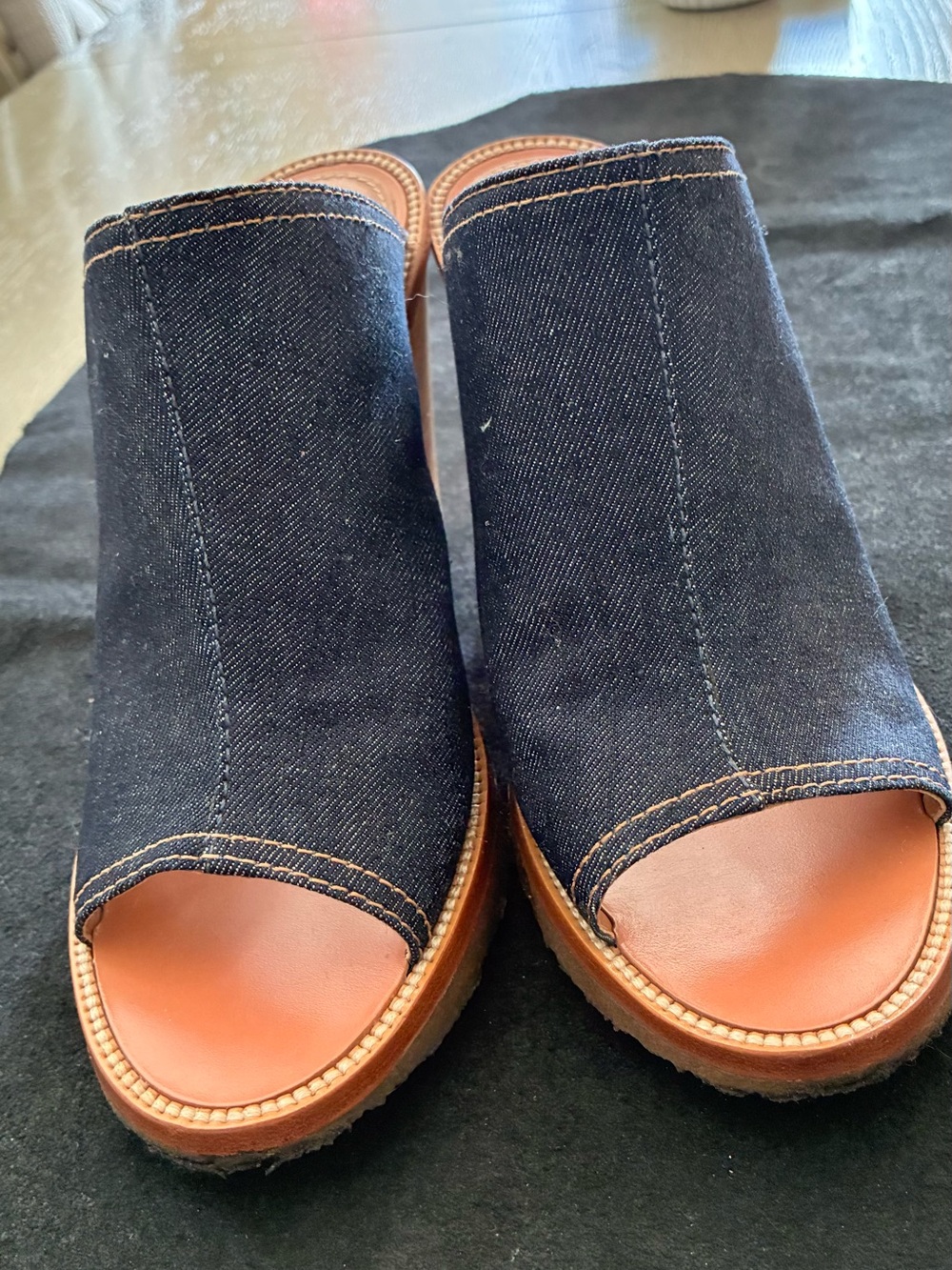 Vince Camuto Denim Open-Toe Slide Mules - Navy and Brown